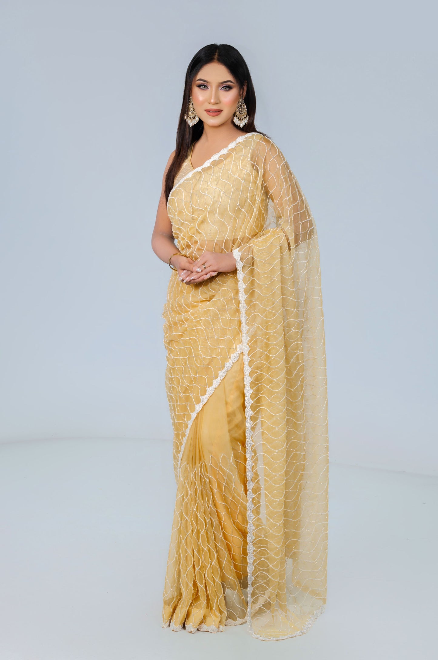 Pastel Yellow Wave-Pattern Saree - Zaalima Fashion
