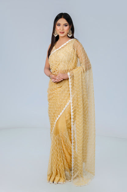 Pastel Yellow Wave-Pattern Saree - Zaalima Fashion
