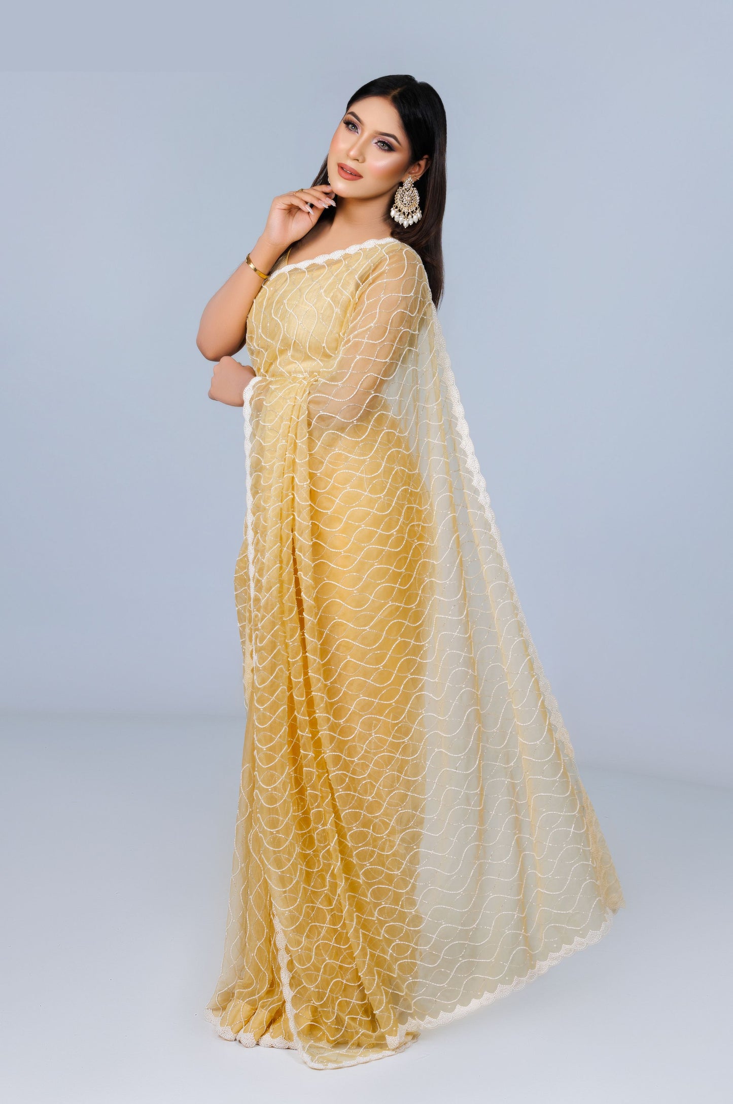 Pastel Yellow Wave-Pattern Saree - Zaalima Fashion