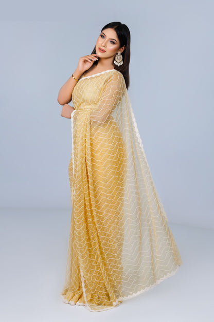 Pastel Yellow Wave-Pattern Saree - Zaalima Fashion