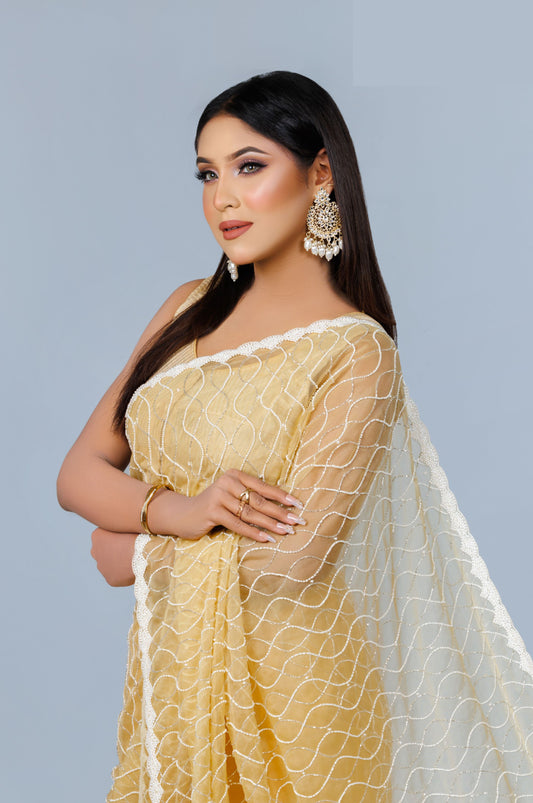 Pastel Yellow Wave-Pattern Saree - Zaalima Fashion