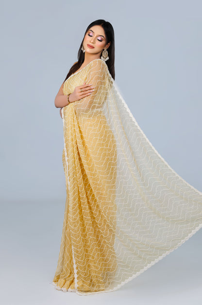 Pastel Yellow Wave-Pattern Saree - Zaalima Fashion