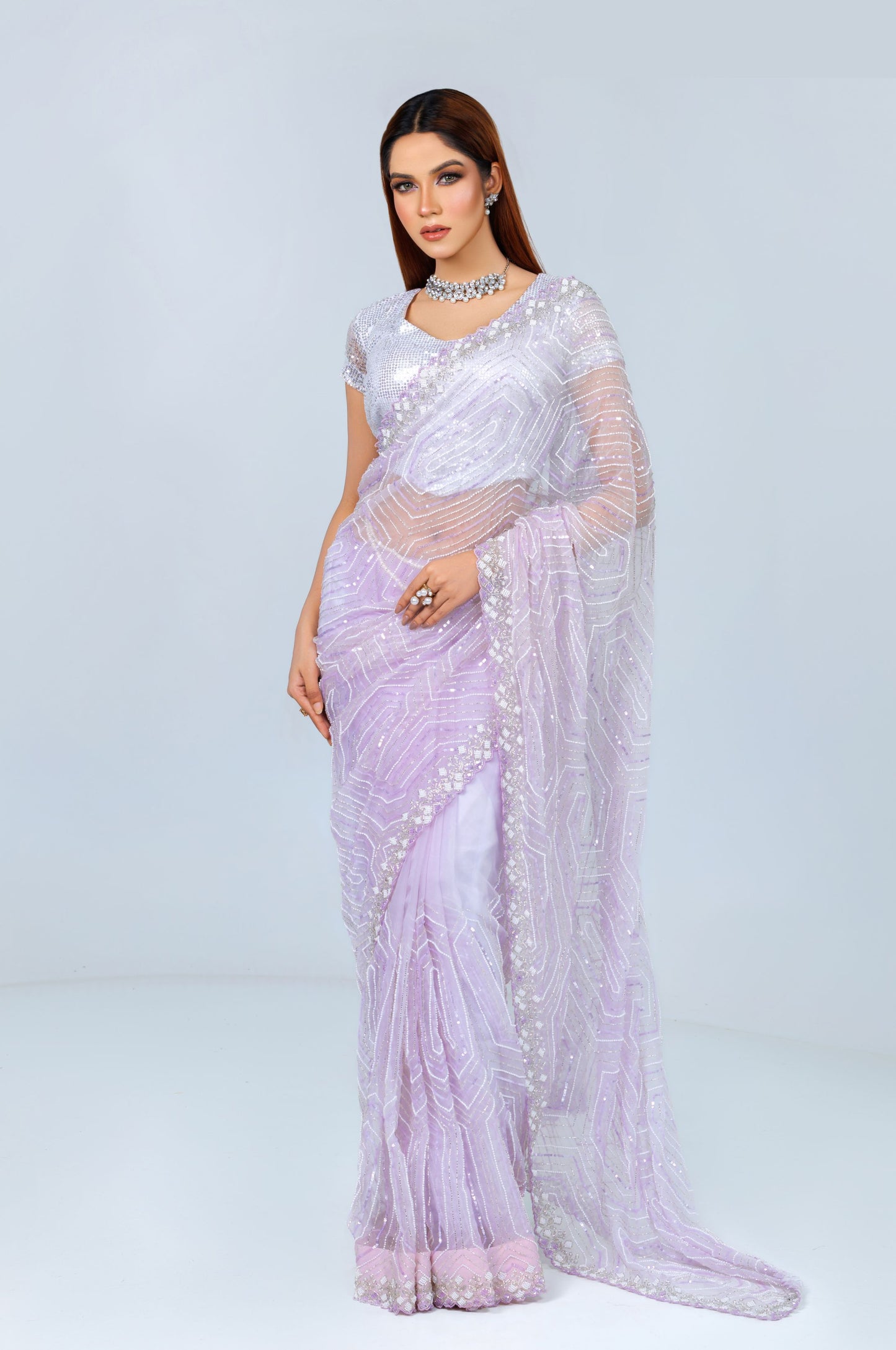 Icy Lavender Organza Saree – Sequin Embellished Glam