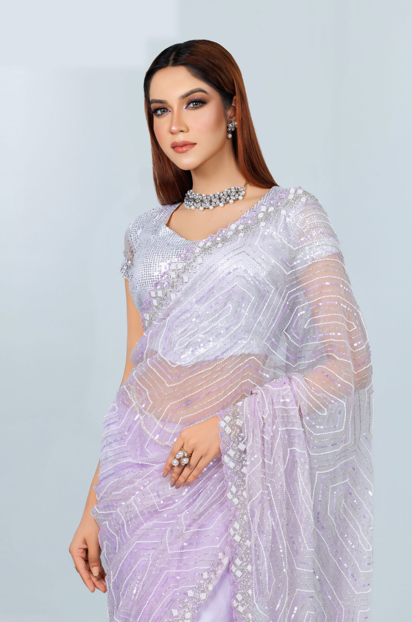 Icy Lavender Organza Saree – Sequin Embellished Glam