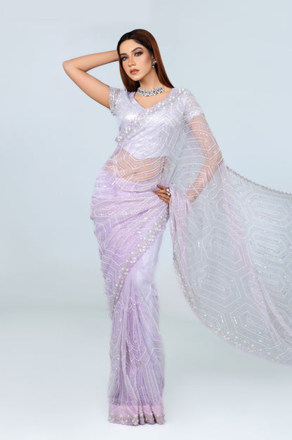 Icy Lavender Organza Saree – Sequin Embellished Glam