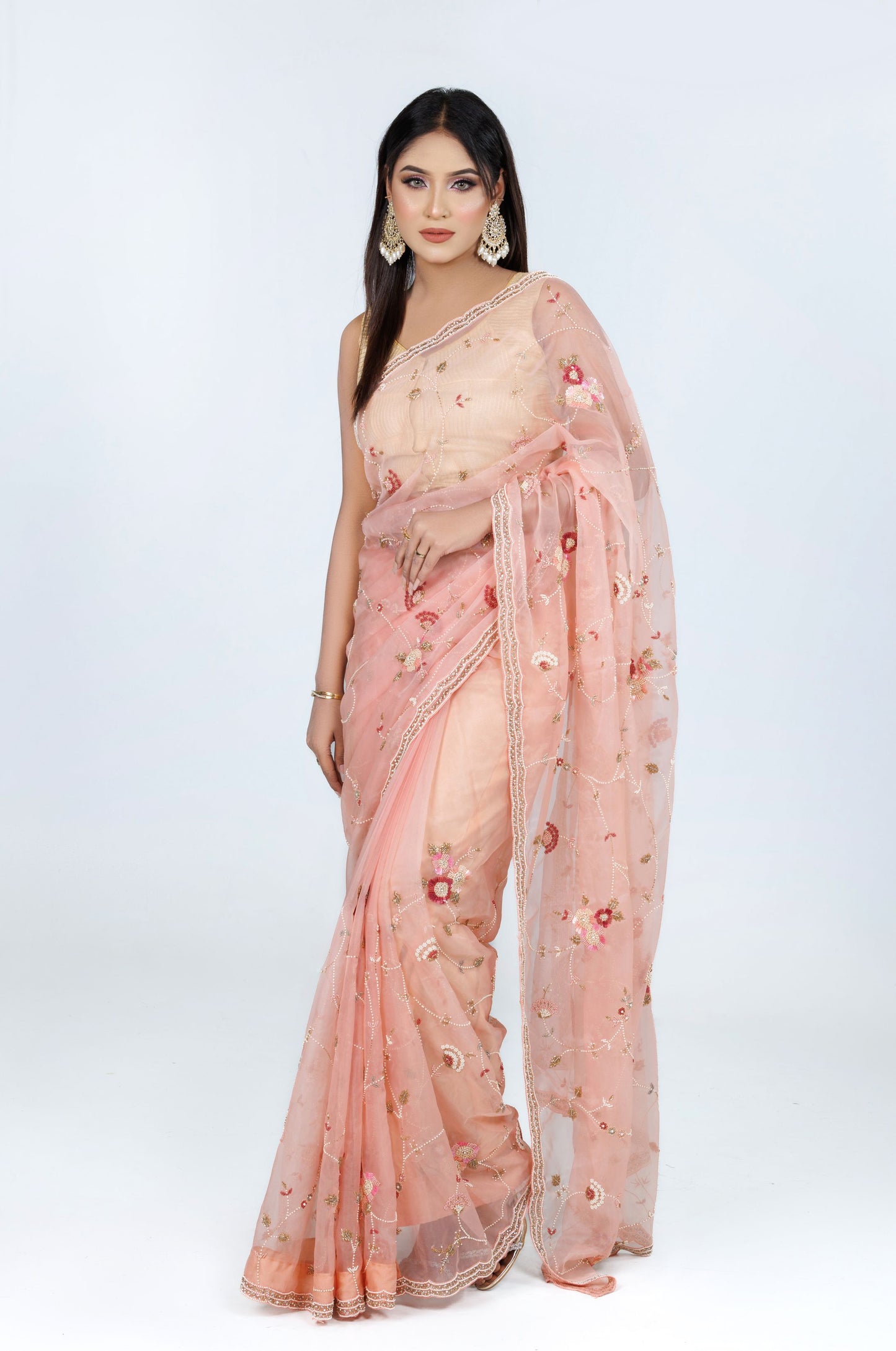 Peach Floral Embroidered Organza Saree - Zaalima Fashion