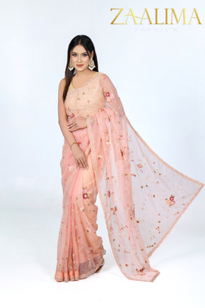 Pink Organza Jaal Moti Sequin Embroidery Saree