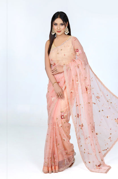 Peach Floral Embroidered Organza Saree - Zaalima Fashion
