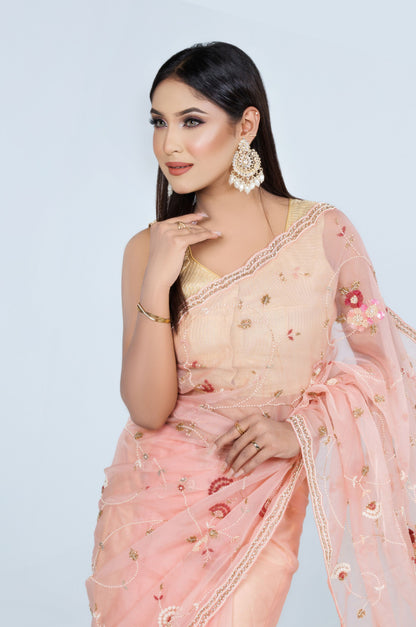Peach Floral Embroidered Organza Saree - Zaalima Fashion