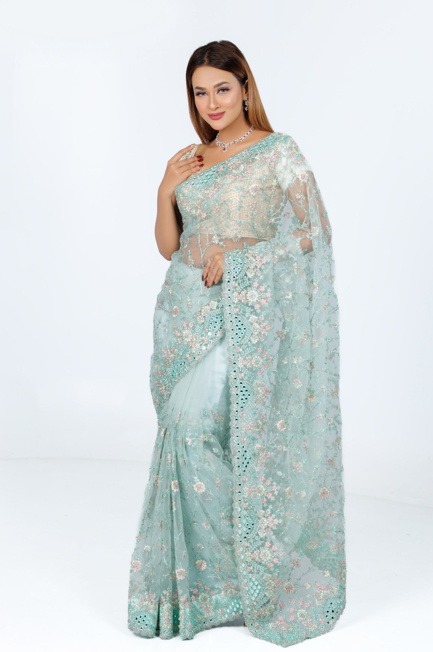 Mint Green Hand-Embroidered Organza Saree - Zaalima Fashion
