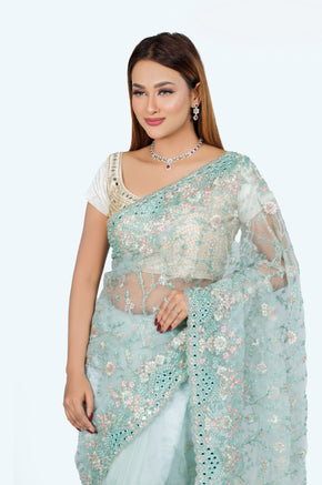 Mint Green Hand-Embroidered Organza Saree - Zaalima Fashion