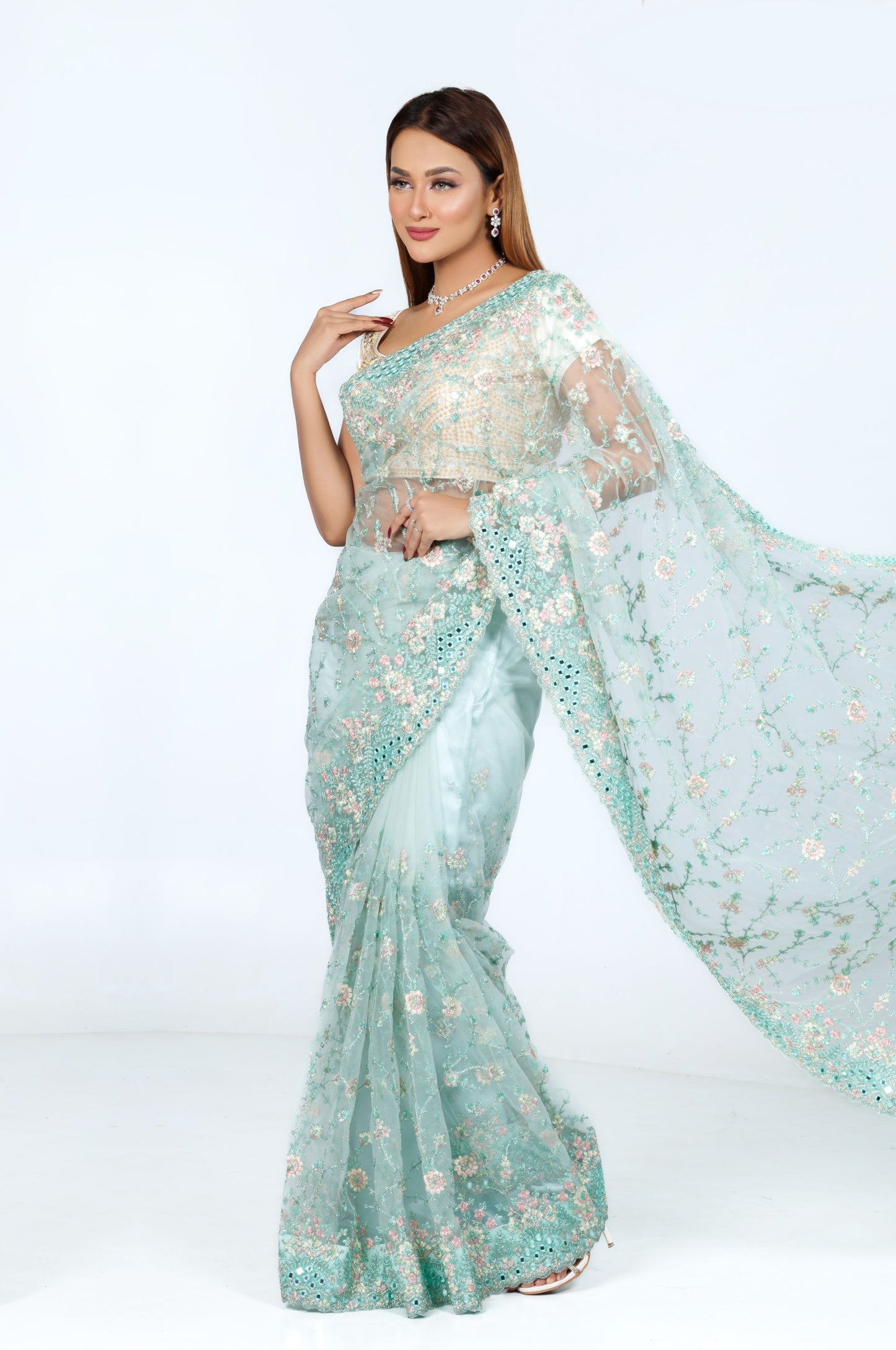 Mint Green Hand-Embroidered Organza Saree - Zaalima Fashion