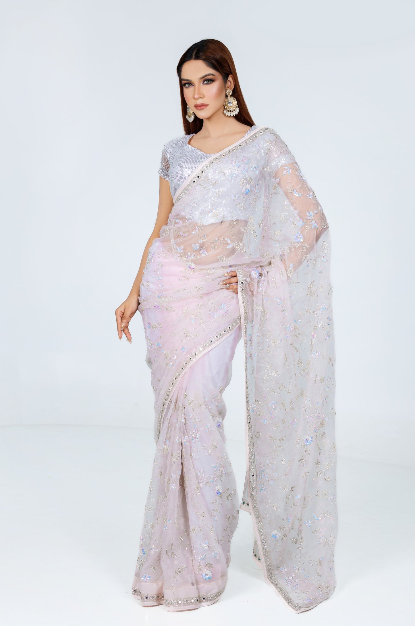 Lavender Shimmer Embroidered Organza Saree - Zaalima Fashion