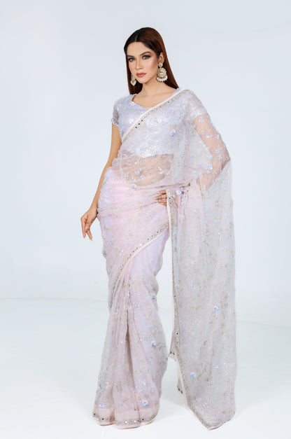Lavender Shimmer Embroidered Organza Saree - Zaalima Fashion