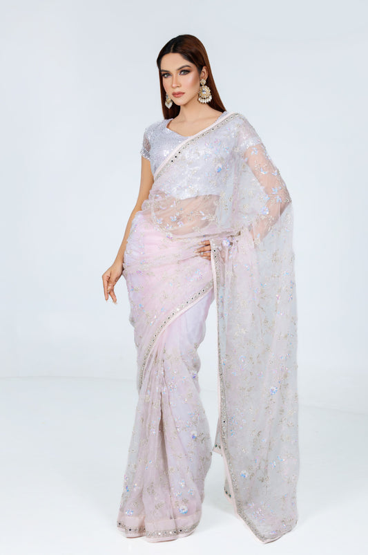 Lavender Shimmer Embroidered Organza Saree - Zaalima Fashion