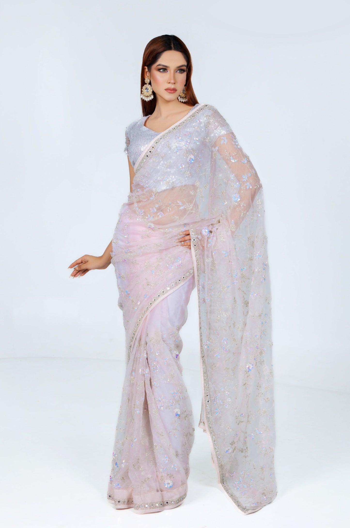 Lavender Shimmer Embroidered Organza Saree - Zaalima Fashion