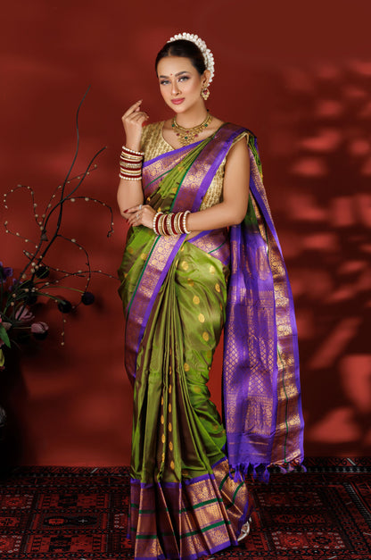 Green & Purple Kanjivaram Silk Saree with Zari Work