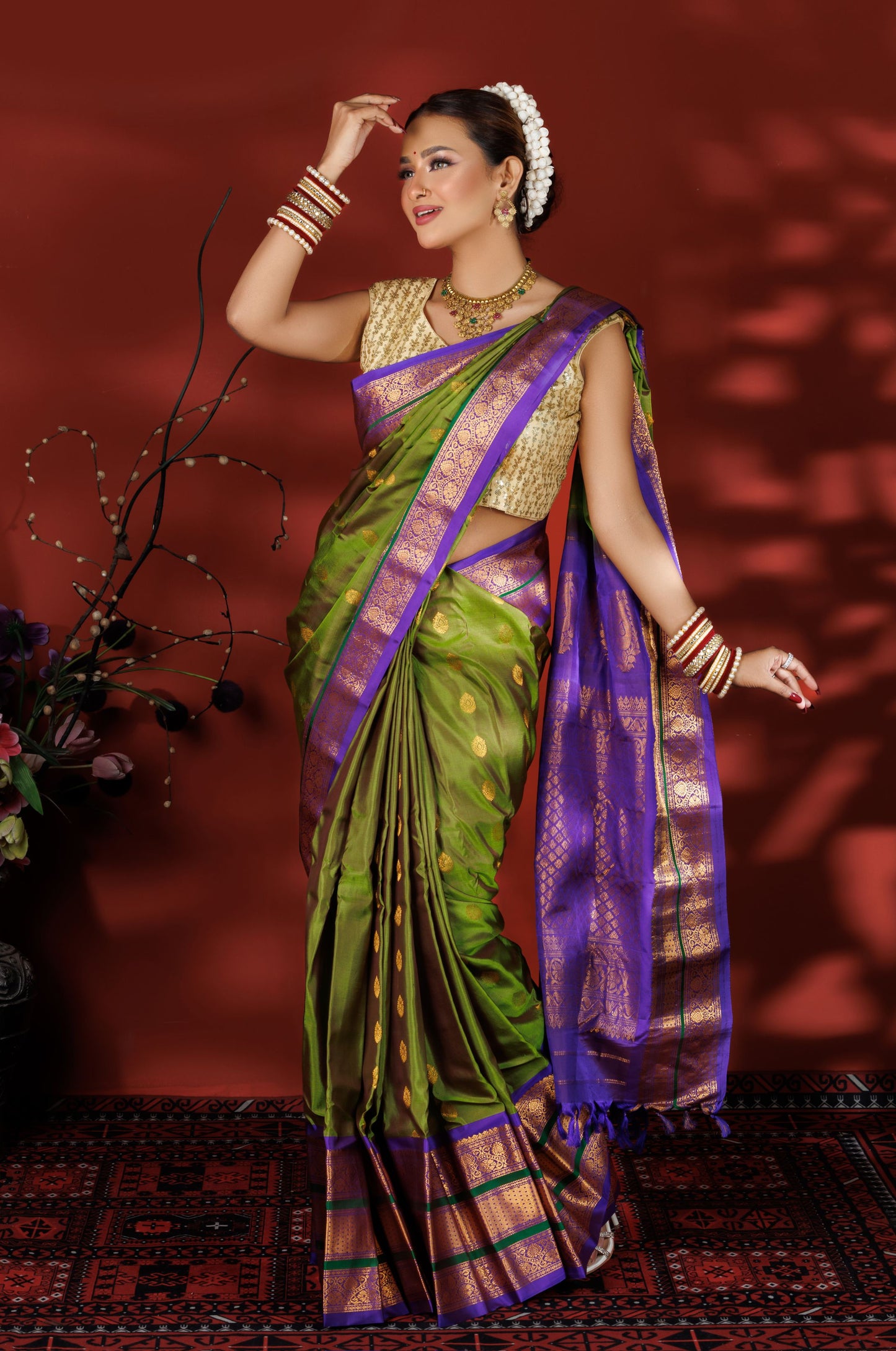 Green & Purple Kanjivaram Silk Saree with Zari Work
