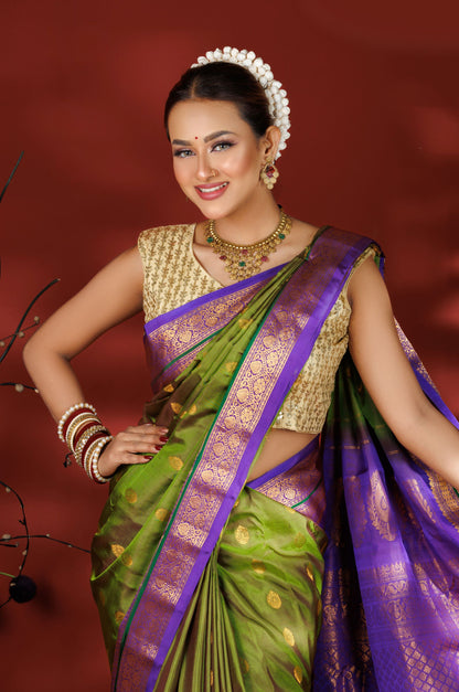 Green & Purple Kanjivaram Silk Saree with Zari Work