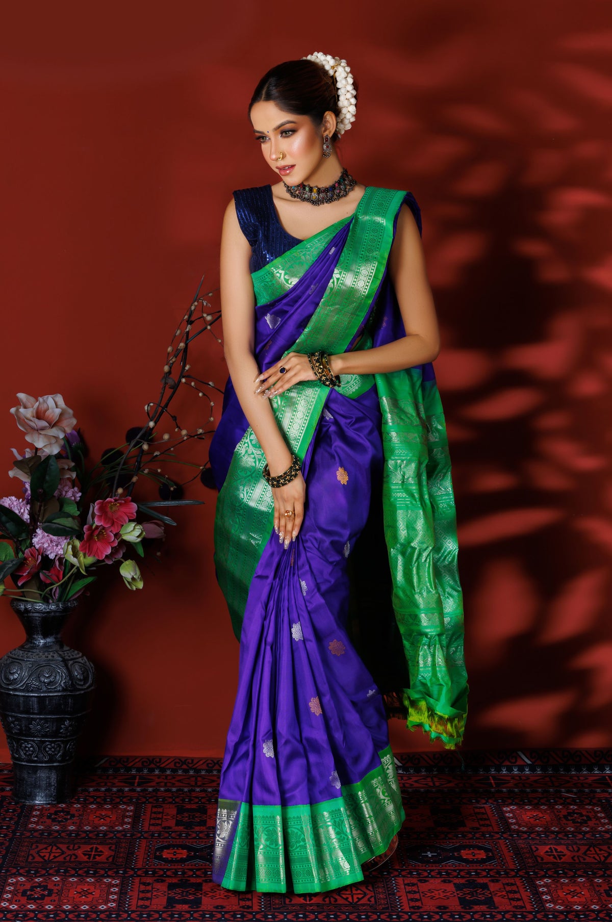Royal Purple & Green Kanjivaram Silk Saree with Silver Zari
