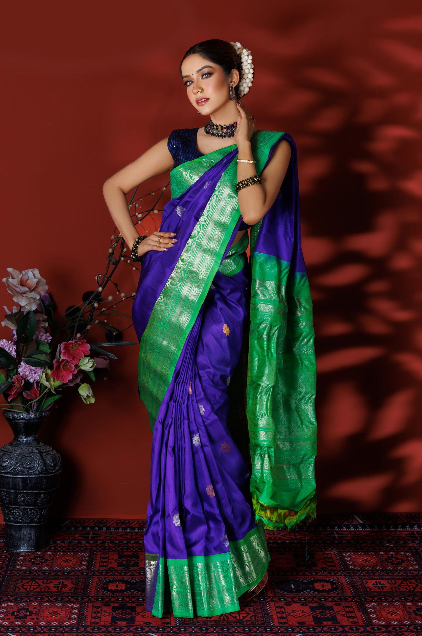 Royal Purple & Green Kanjivaram Silk Saree with Silver Zari