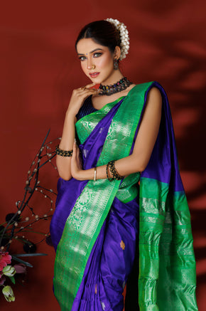 Royal Purple & Green Kanjivaram Silk Saree with Silver Zari