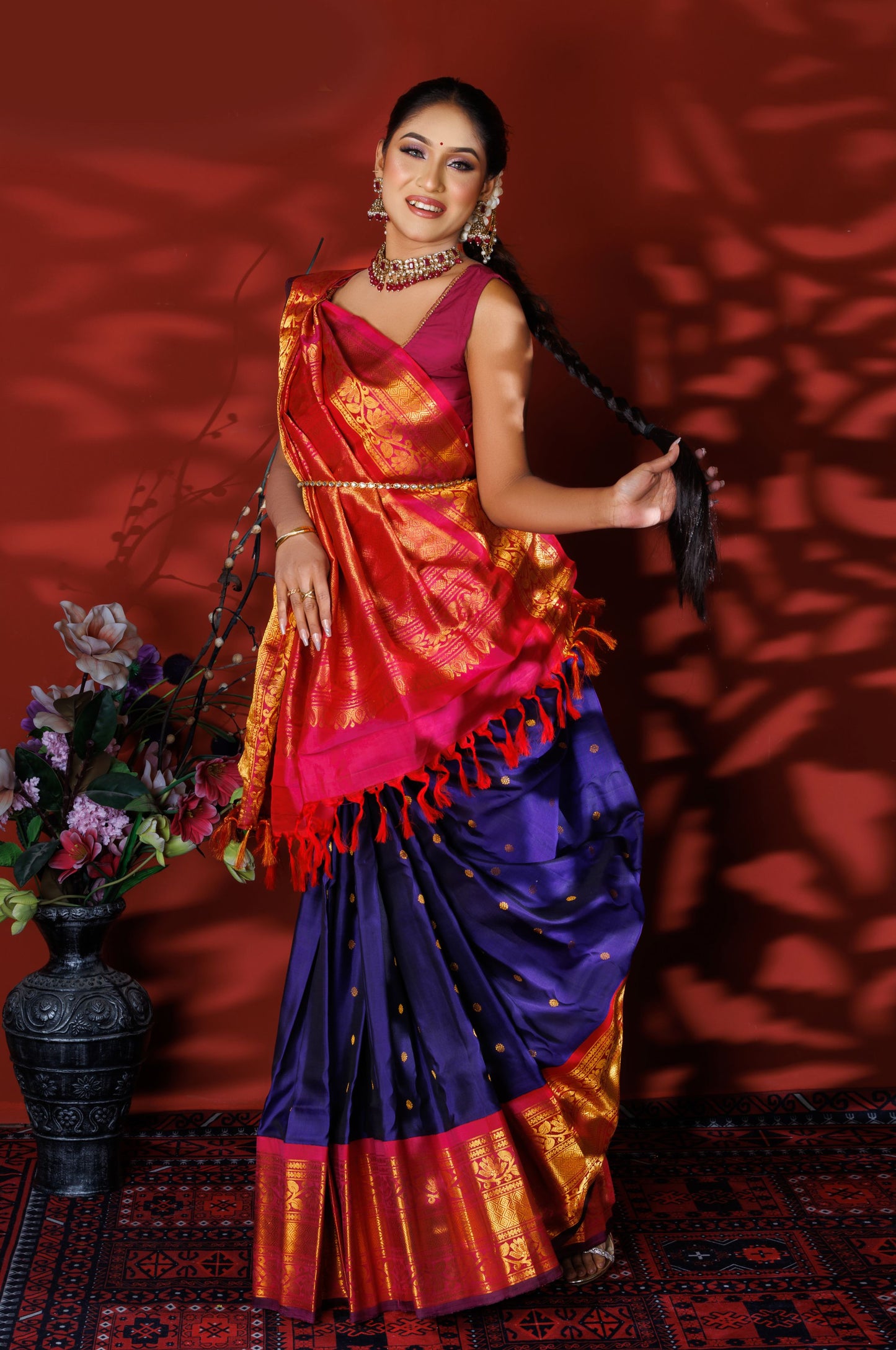 Radiant Red & Navy Blue Kanjivaram Silk Saree with Golden Zari