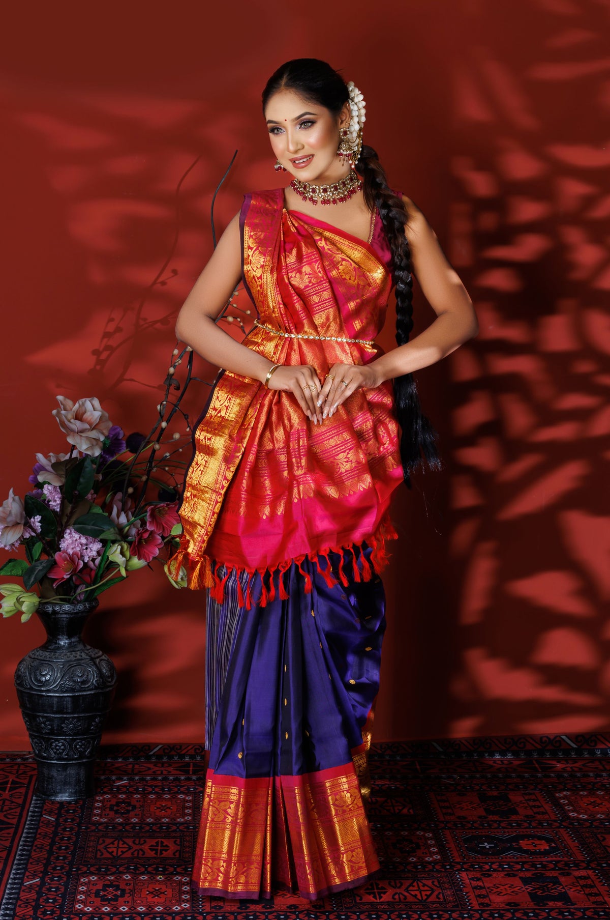 Radiant Red & Navy Blue Kanjivaram Silk Saree with Golden Zari
