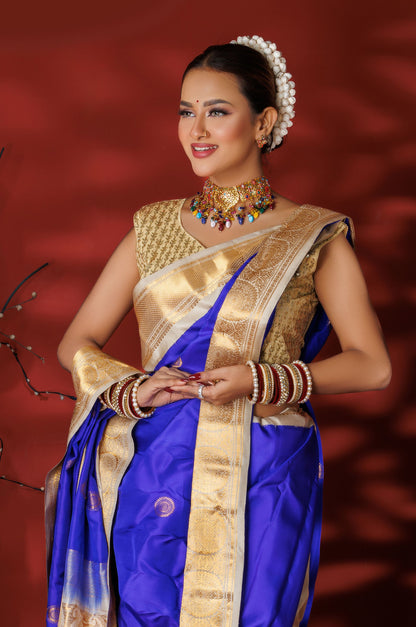 Royal Blue & Beige Kanjivaram Silk Saree - Zaalima Fashion