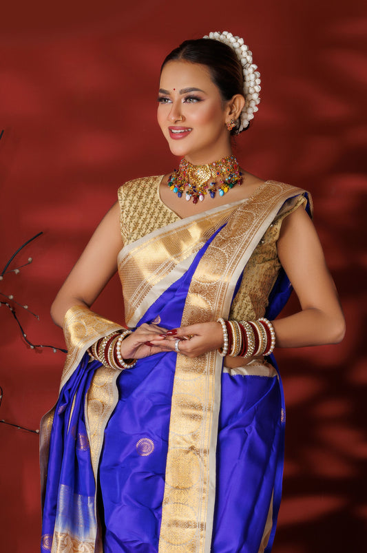 Royal Blue & Beige Kanjivaram Silk Saree - Zaalima Fashion