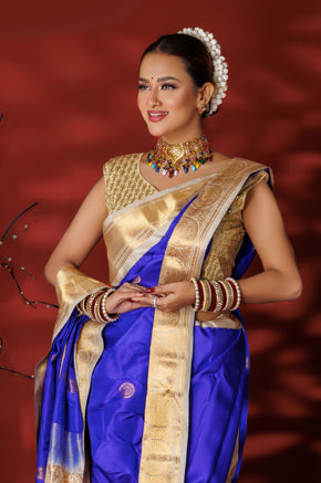 Royal Blue & Beige Kanjivaram Silk Saree - Zaalima Fashion