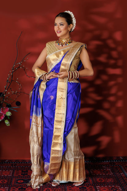 Royal Blue & Beige Kanjivaram Silk Saree - Zaalima Fashion