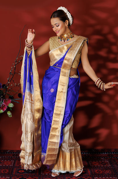 Royal Blue & Beige Kanjivaram Silk Saree - Zaalima Fashion