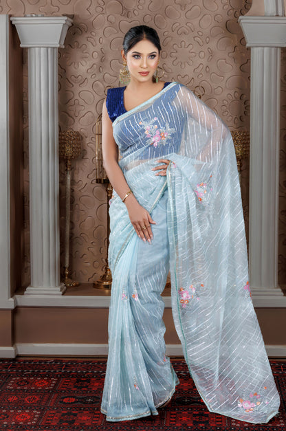 Sky Blue Organza Saree with Sequin Stripes - Zaalima Fashion