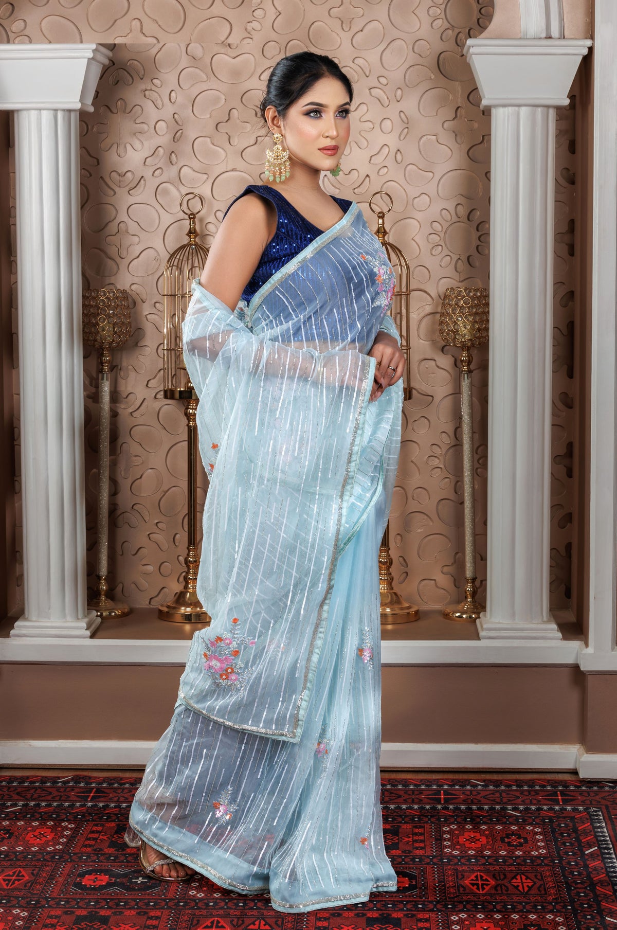 Sky Blue Organza Saree with Sequin Stripes - Zaalima Fashion