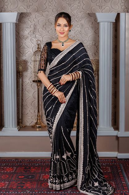 Black Chiffon Saree with Mirror & Thread Work - Zaalima Fashion