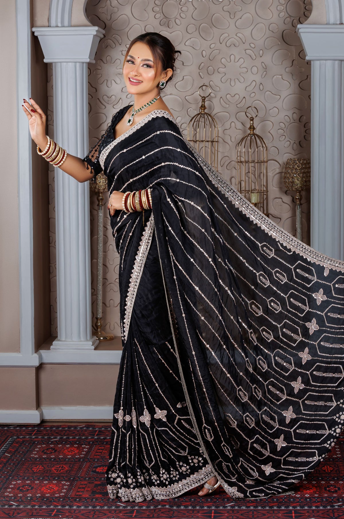 Black Chiffon Saree with Mirror & Thread Work - Zaalima Fashion