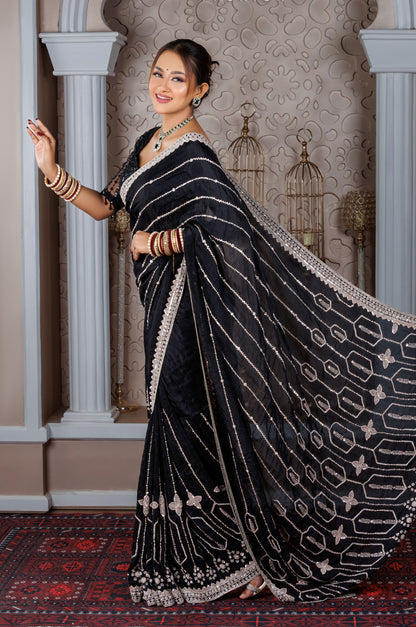 Black Chiffon Saree with Mirror & Thread Work - Zaalima Fashion