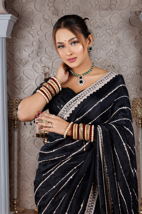 Black Chiffon Saree with Mirror & Thread Work - Zaalima Fashion