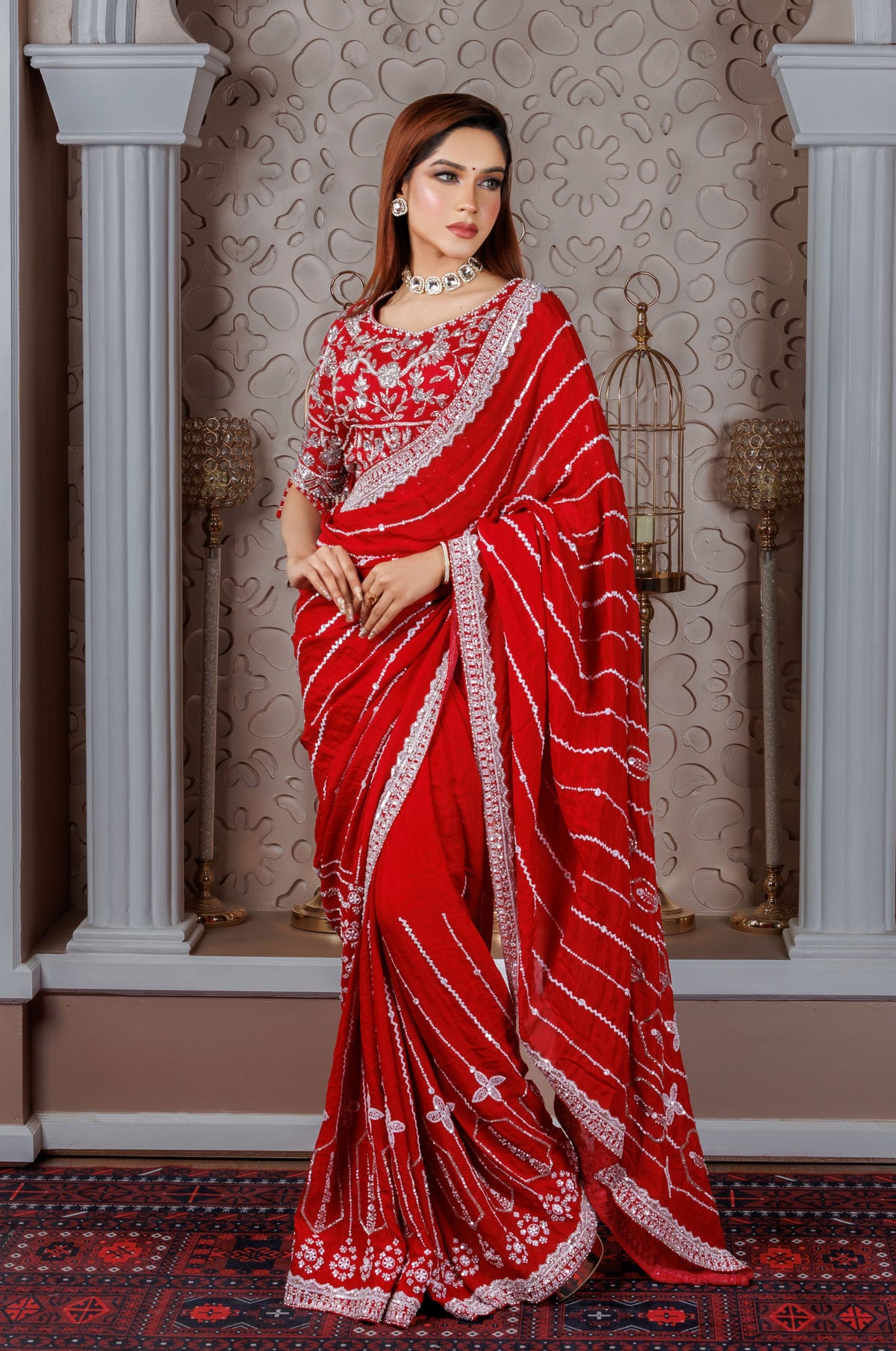 Red Chiffon Embroidered Saree with Mirror & Thread Work - Zaalima Fashion