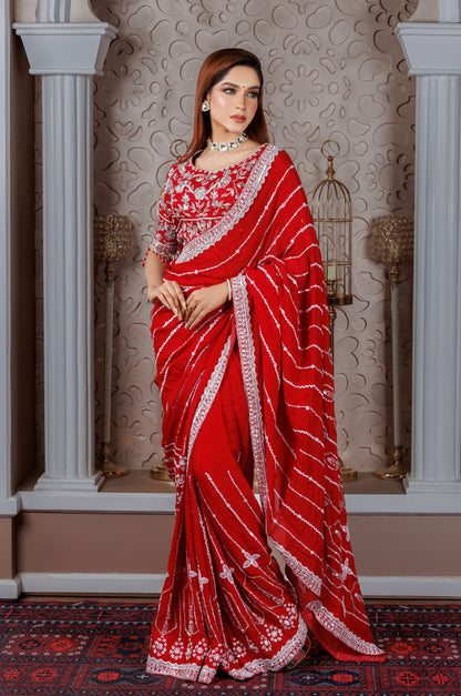 Red Chiffon Embroidered Saree with Mirror & Thread Work - Zaalima Fashion