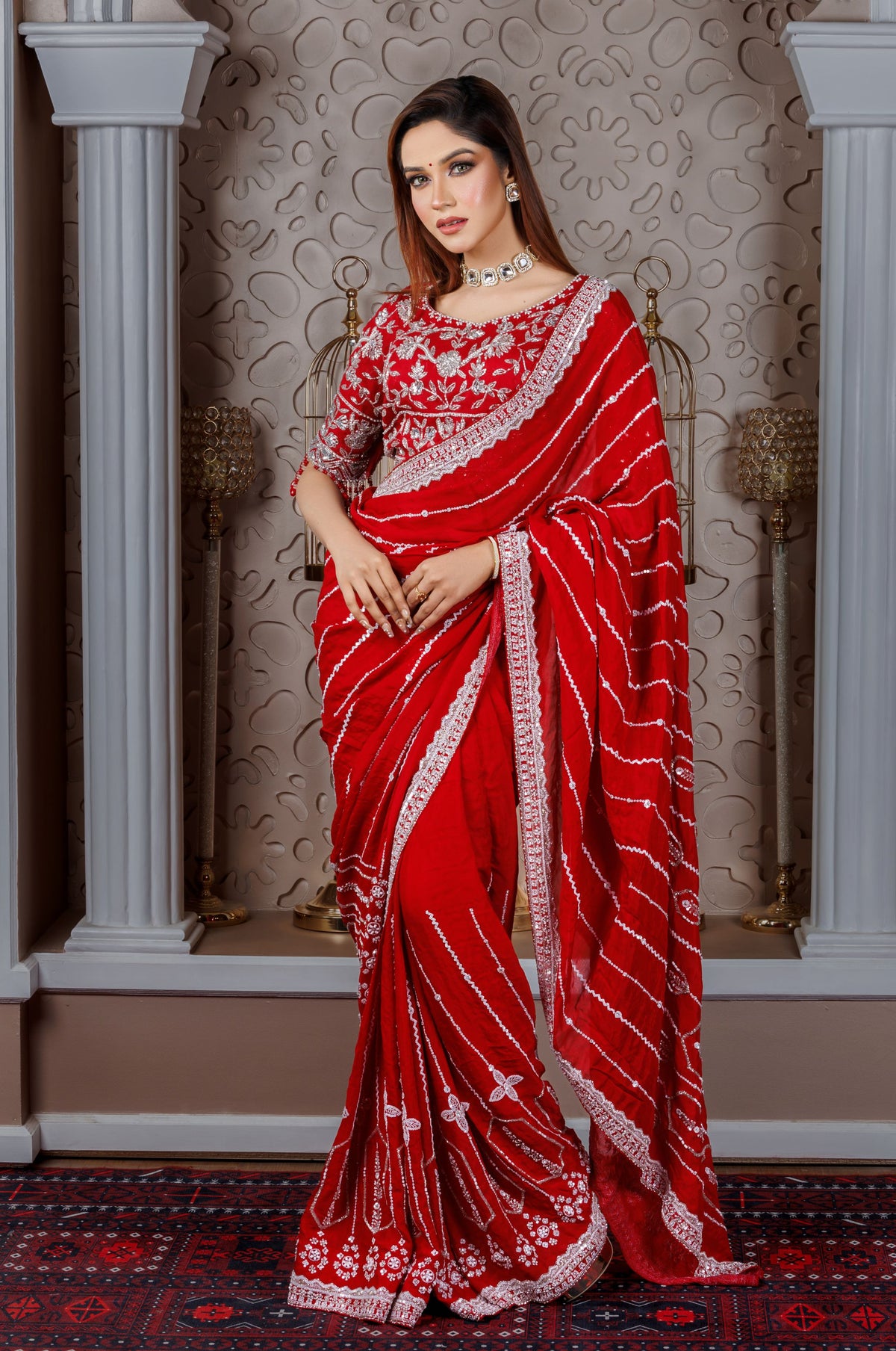 Red Chiffon Embroidered Saree with Mirror & Thread Work - Zaalima Fashion