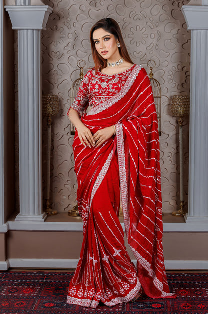 Red Chiffon Embroidered Saree with Mirror & Thread Work - Zaalima Fashion