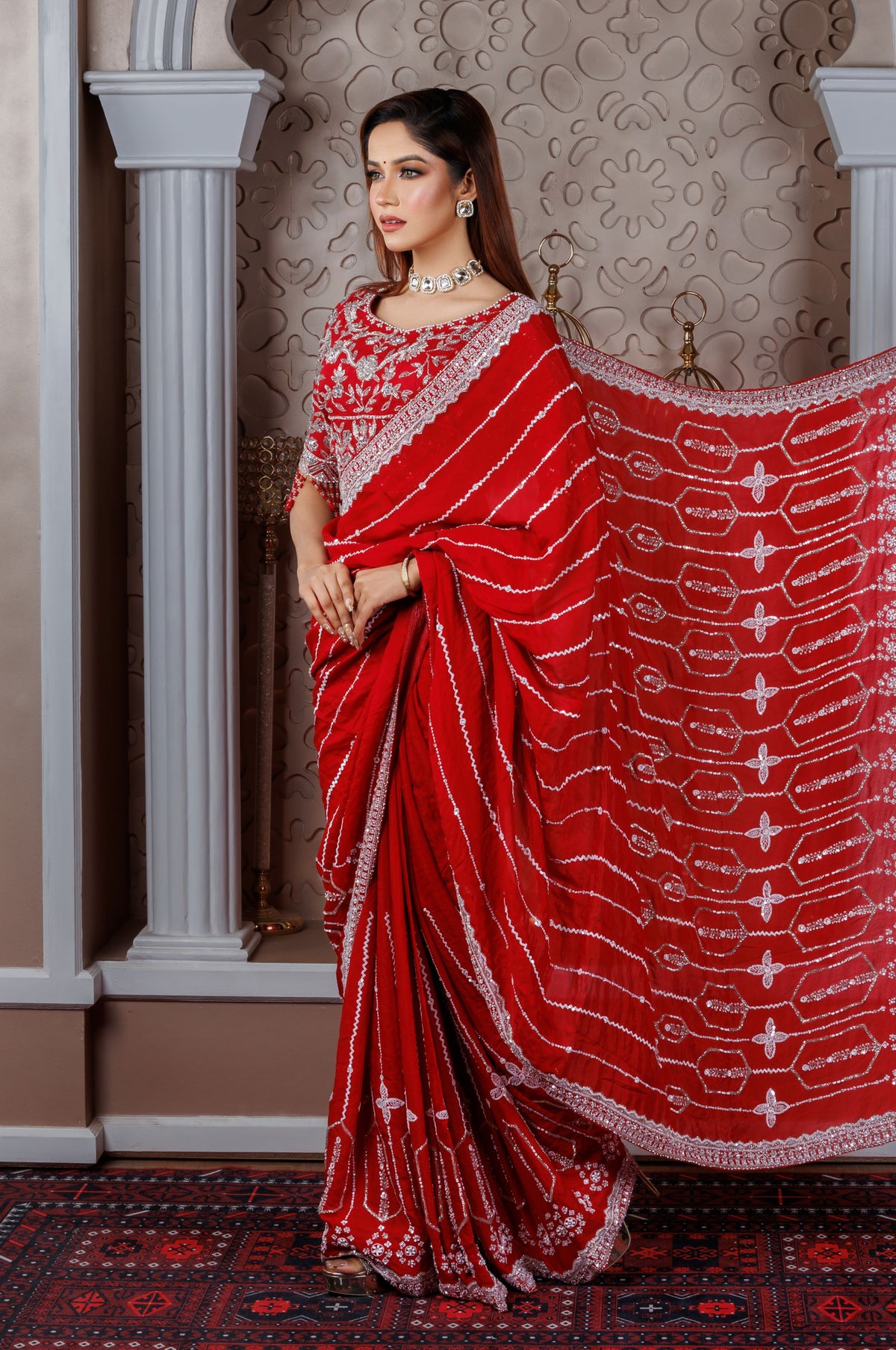 Red Chiffon Embroidered Saree with Mirror & Thread Work - Zaalima Fashion