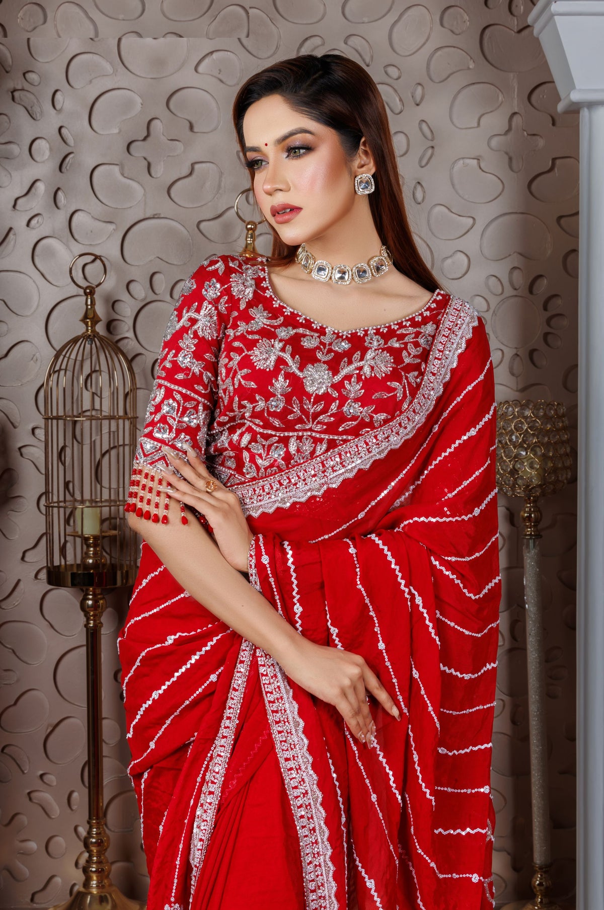 Red Chiffon Embroidered Saree with Mirror & Thread Work - Zaalima Fashion