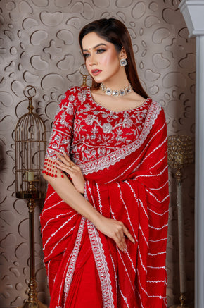 Red Chiffon Embroidered Saree with Mirror & Thread Work - Zaalima Fashion
