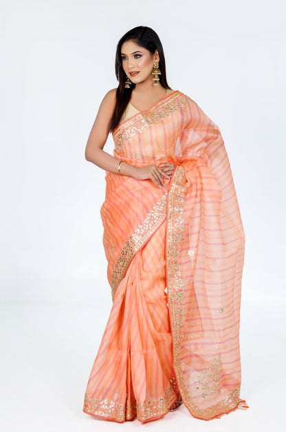 Peach Striped Organza Saree with Golden Embroidery - Zaalima Fashion