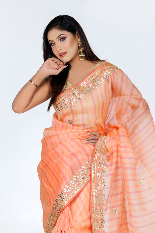 Peach Striped Organza Saree with Golden Embroidery - Zaalima Fashion