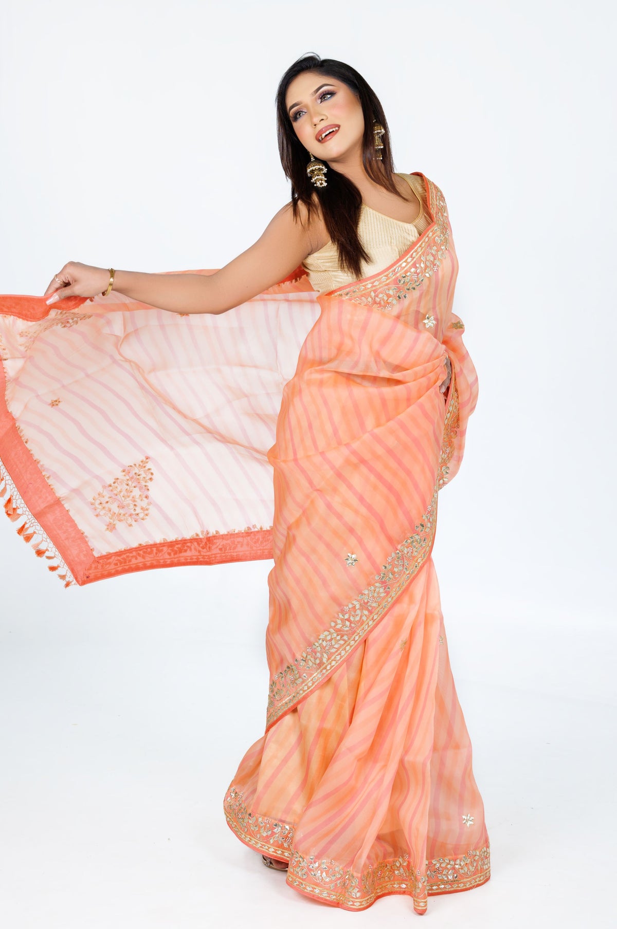 Peach Striped Organza Saree with Golden Embroidery - Zaalima Fashion