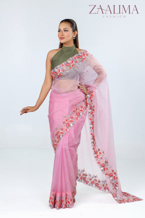 Pink Organza Knot Embroidery Saree
